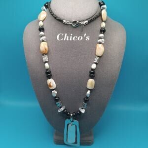 Chico's Long Beaded Necklace, Two Layer Pendant, Lucite Beads, Satin Cord, 34 In